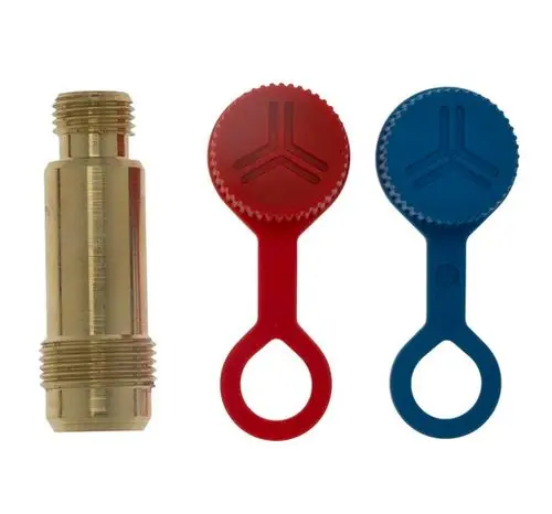 Messnippel aus Messing mit zwei beiliegenden Kunststoffdeckeln in Rot und Blau. Produkt von IMI Hydronic Engineering, zur Verwendung in Heizungsanlagen geeignet.
